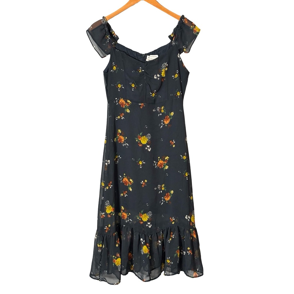 Urban Outfitters Floral Midi Dress Size 2 Black Ruffle Sleeve Sweetheart Chiffon